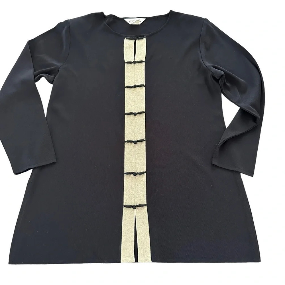 Exclusively Misook Womens XL Black Cardigan Sweater Tunic Gold Frog Buttons Knit